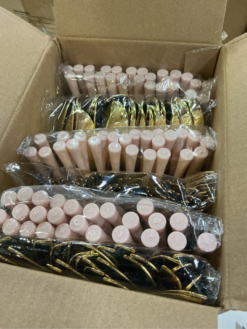 Condition photo showing New/Like New for lullaby 150pcs gold plastic silverware, high end disposable cutlery with pink handle include 50 forks, 50 spoons, 50 knives, perfect for birthdays, parties, weddings, and more pink-150pcs