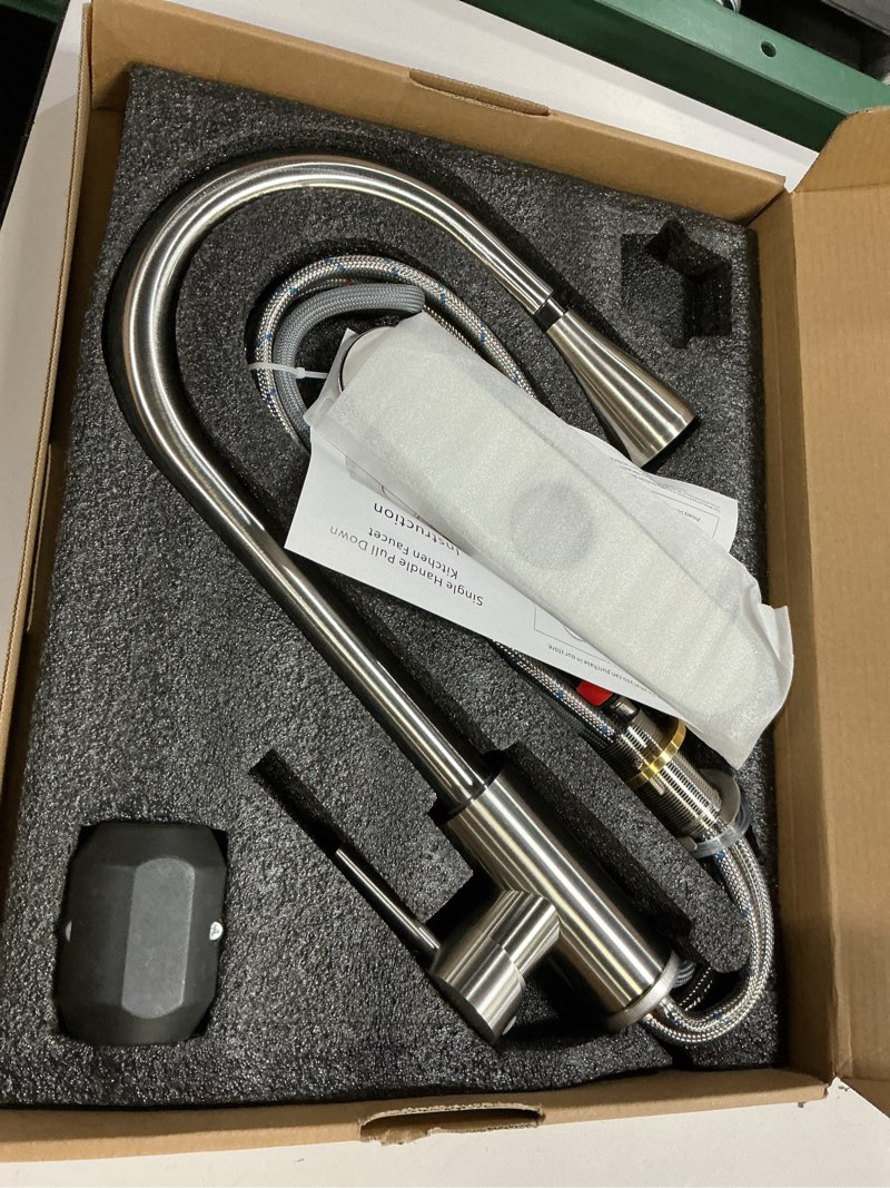 Condition photo showing New/Like New for Hiqufet Kitchen Faucet with Pull Down Sprayer, Brushed Nickel High Arc Single Handle Kitchen Sink Faucet for Pot Filler, Stainless Steel Commercial Modern Rv Farmhouse Camper Laundry Bar Sink Faucets