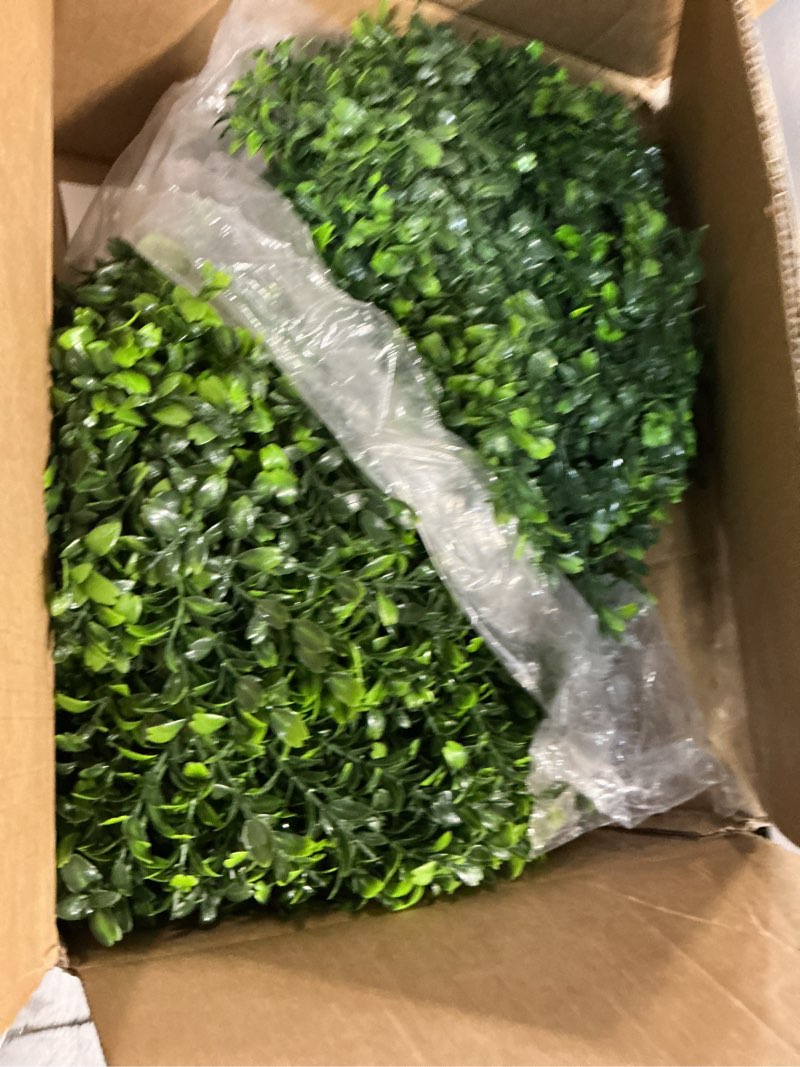 Condition photo showing As Is for set of 2 artificial boxwood ball trees for outdoor with spike, uv resistant faux topiary ball, fake plants greenery round shrubs bushes for entryway front porch decor boxwood - 2pack - b