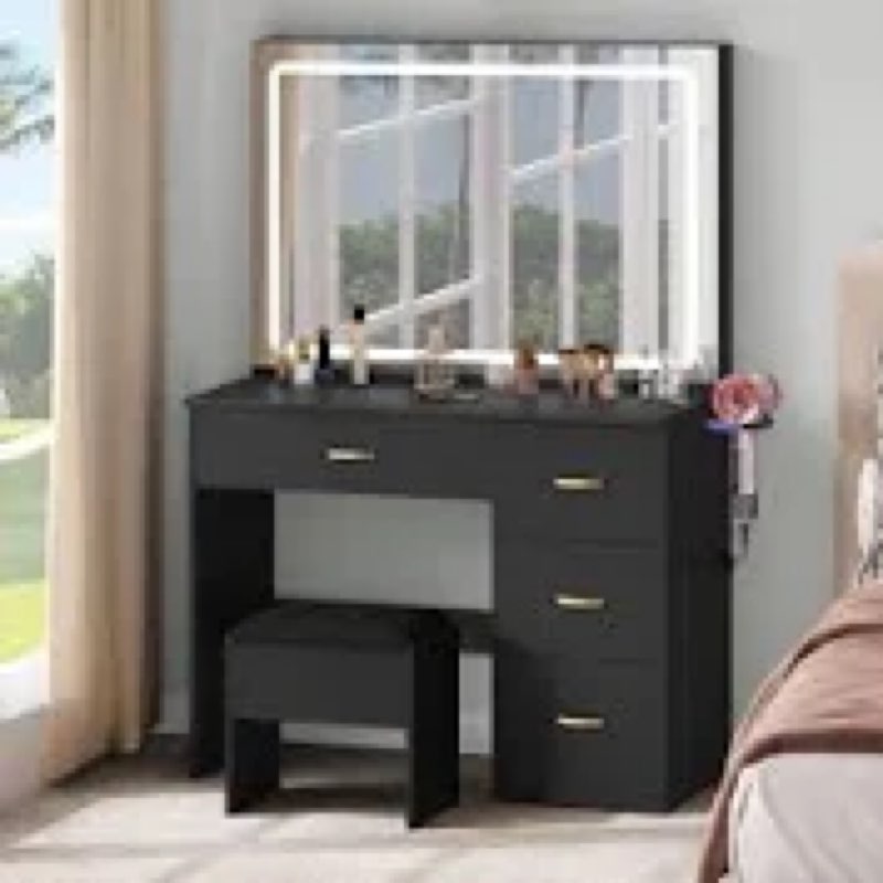 yitahome vanity desk, vanity mirror with lights, makeup vanity set with 11 bulbs, power outlet, 4 drawers and stool