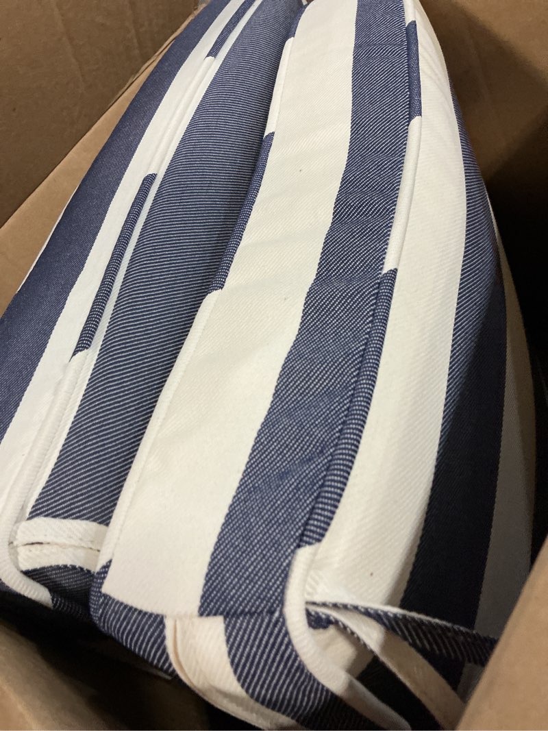Condition photo showing As Is for 19x19x3 inch outdoor square corner chair cushions with ties set of 2, water&fade resistant thick seat cushion pads for garden patio dining porch furniture - navy white striped navy white striped 19 x 19 x 3 in