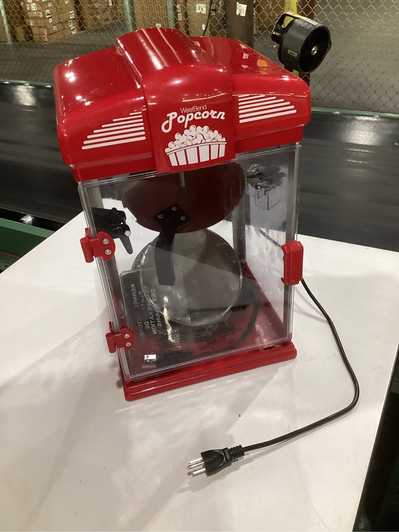 Condition photo showing As Is for (used, not tested)west bend stir crazy movie theater popcorn popper, gourmet popcorn maker machine with nonstick popcorn kettle, measuring tool and popcorn scoop for popcorn machine, 4-qt., red
