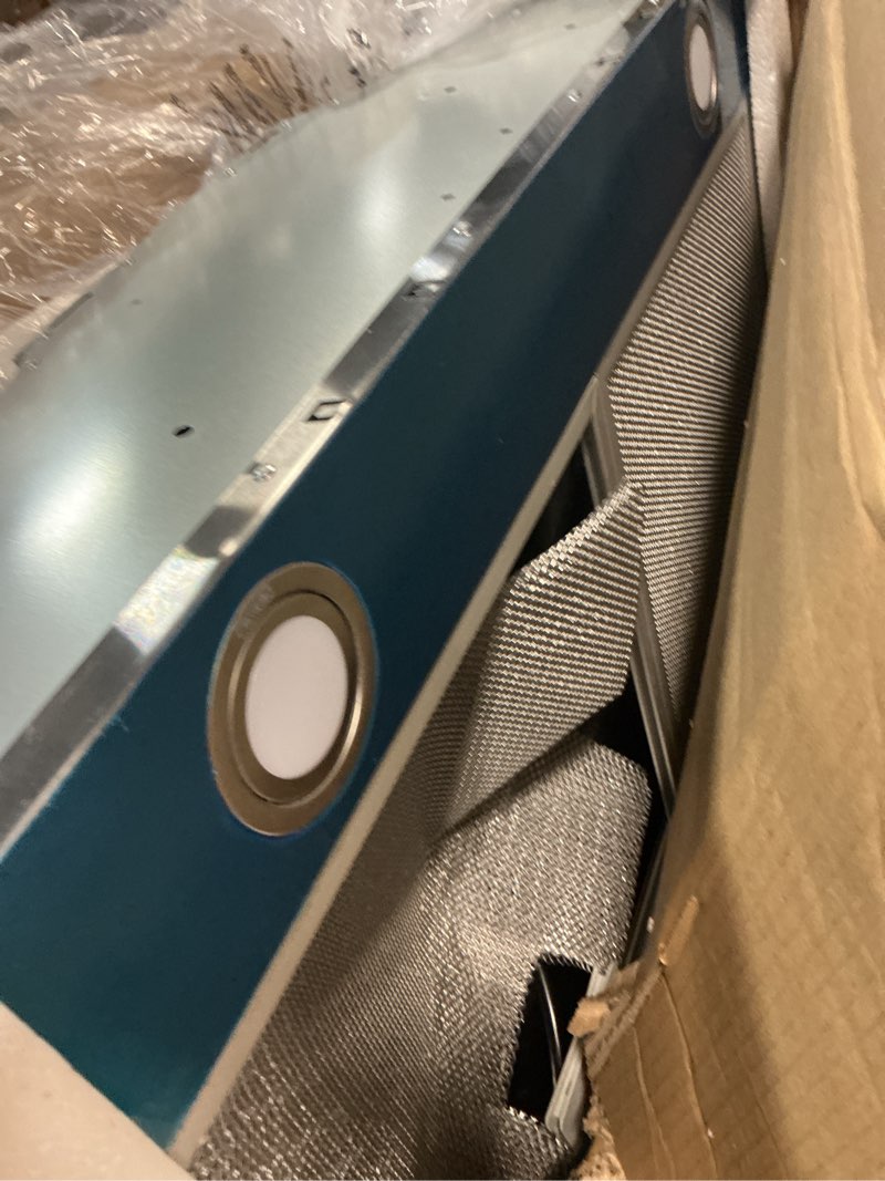 Condition photo showing As Is for hermitlux range hood 30 inch, stainless steel wall mount vent hoods for kitchen with charcoal filter, ducted/ductless convertible, 3 speed exhaust fan, led light, button control