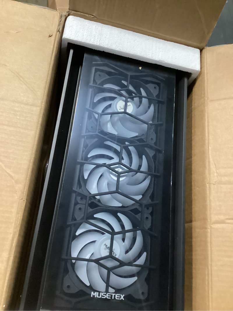 Condition photo showing Good Condition for musetex atx pc case, 6 pwm argb fans pre-installed, computer case with opening tempered glass door, mid tower gaming pc case, usb 3.0 x 2, black, g07