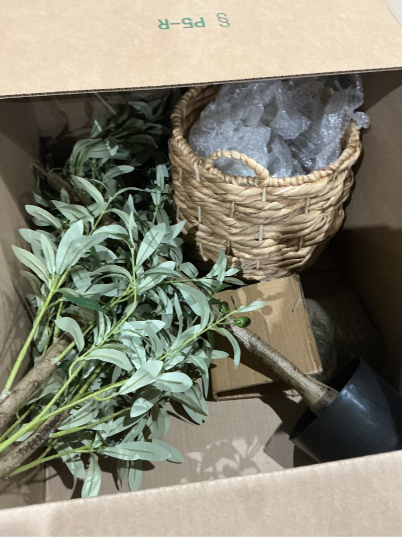 Condition photo showing Good Condition for kate and laurel oliveira faux olive tree with jia curved planter pot, 5 ft, cream, potted artificial tree indoor with realistic foliage and added moss, fake plant for living room decor 4ft 11in cream