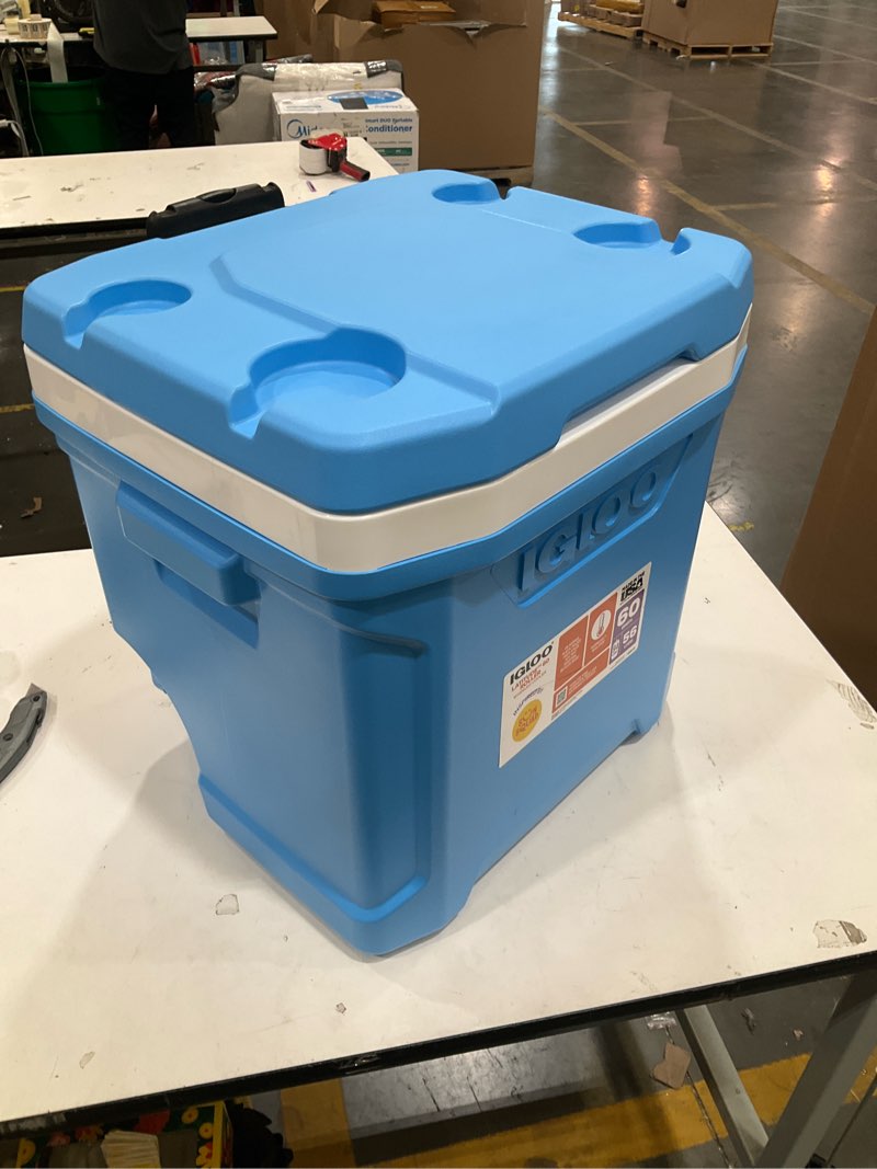 Condition photo showing As Is for sun squad latitude 94 cans/60qt rolling cooler - carolina blue