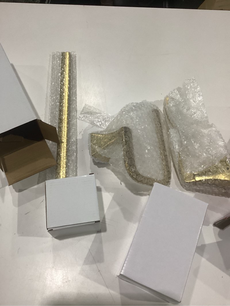 Condition photo showing Good Condition for pfister bruxie 3-piece bathroom hardware set with towel bar, towel ring, and toilet paper holder, wall-mounted, brushed gold finish, btbbie3bg hardware set brushed gold