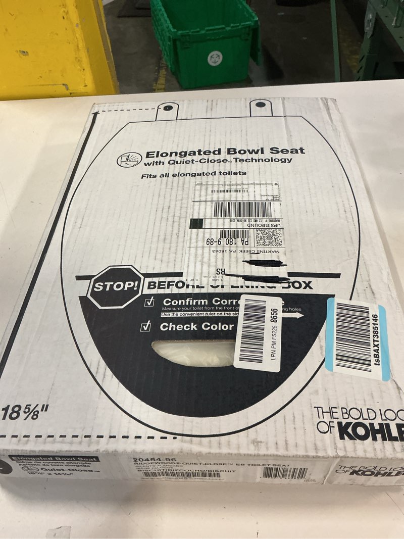 Condition photo showing New/Like New for kohler 20454-96 ridgewood elongated soft close toilet seat, quiet close, wood toilet seat, home essentials, biscuit biscuit toilet seat
