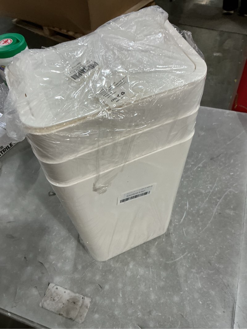 Condition photo showing Good Condition for n. netdot 3 pack small trash can with lid, 3 gallon bathroom trash can,garbage can slim trash bin waste basket for bathroom,kitchen,bedroom,living room,office,laundry - off white off white 3 x 3 gal