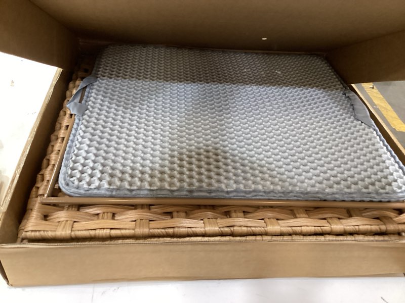 Condition photo showing Good Condition for cat litter box enclosure hidden litter box furniture with metal heightened feet, rattan handwoven cat house with litter mat, hidden litter box furniture for bedroom living room natural