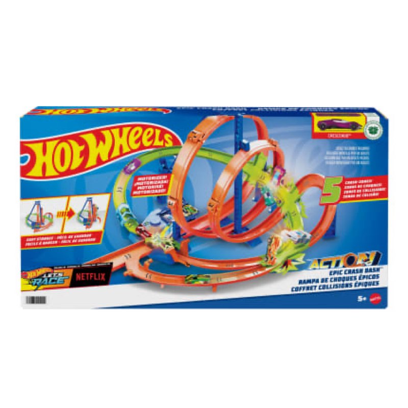 Hot Wheels Track Set With 5 Crash Zones, Motorized Booster And 1 Hot Wheels Car