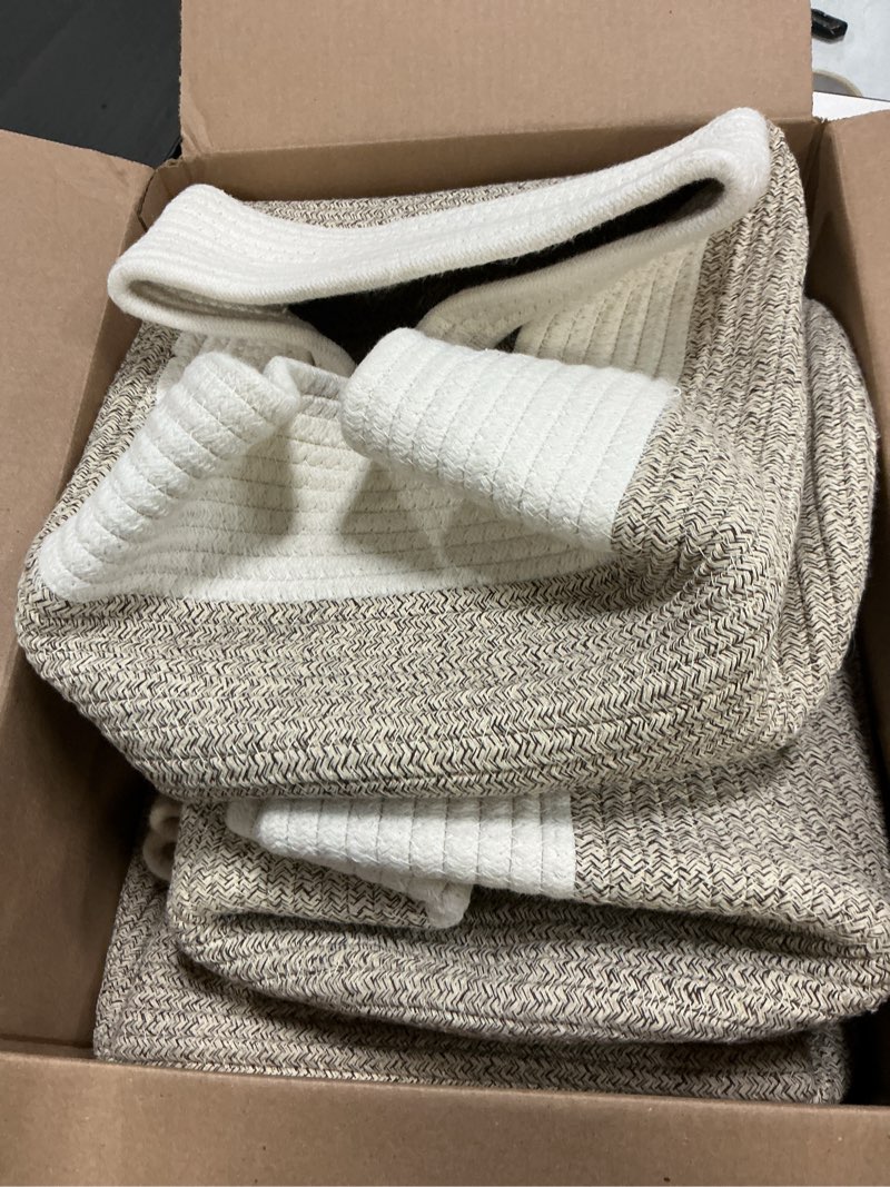 Condition photo showing As Is for 4 Pack Storage Baskets for Organizing, Woven Baskets for Shelves - Perfect for Toys, Books, Towels, and Clothes, Durable Gift Basket Bins Toy Storage, 12.7''Lx9''Wx7.8''H, Brown & White Brown & White Small/12.7''Lx9''Wx7.8''H