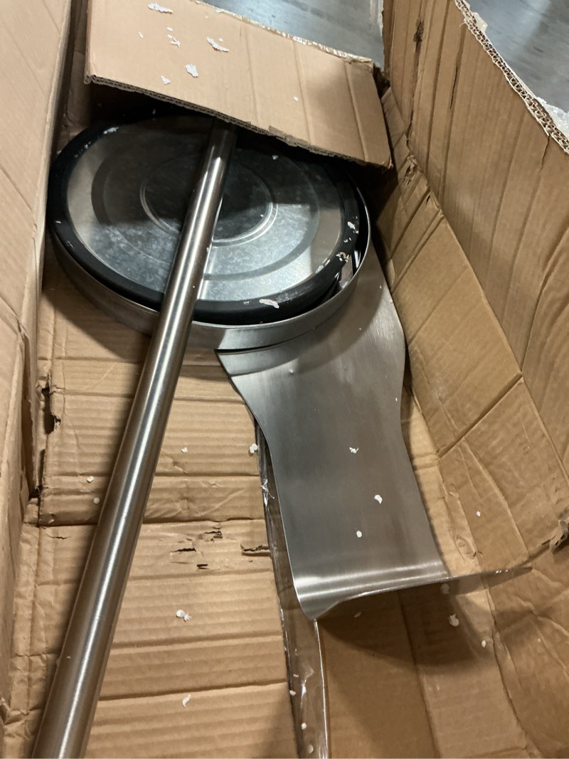 Condition photo showing As Is for new star foodservice 1028881 freestanding adjustable floor stand for hand sanitizer dispenser with drip tray and weighted base, customizable, stainless steel, round base stainless steel (round base)