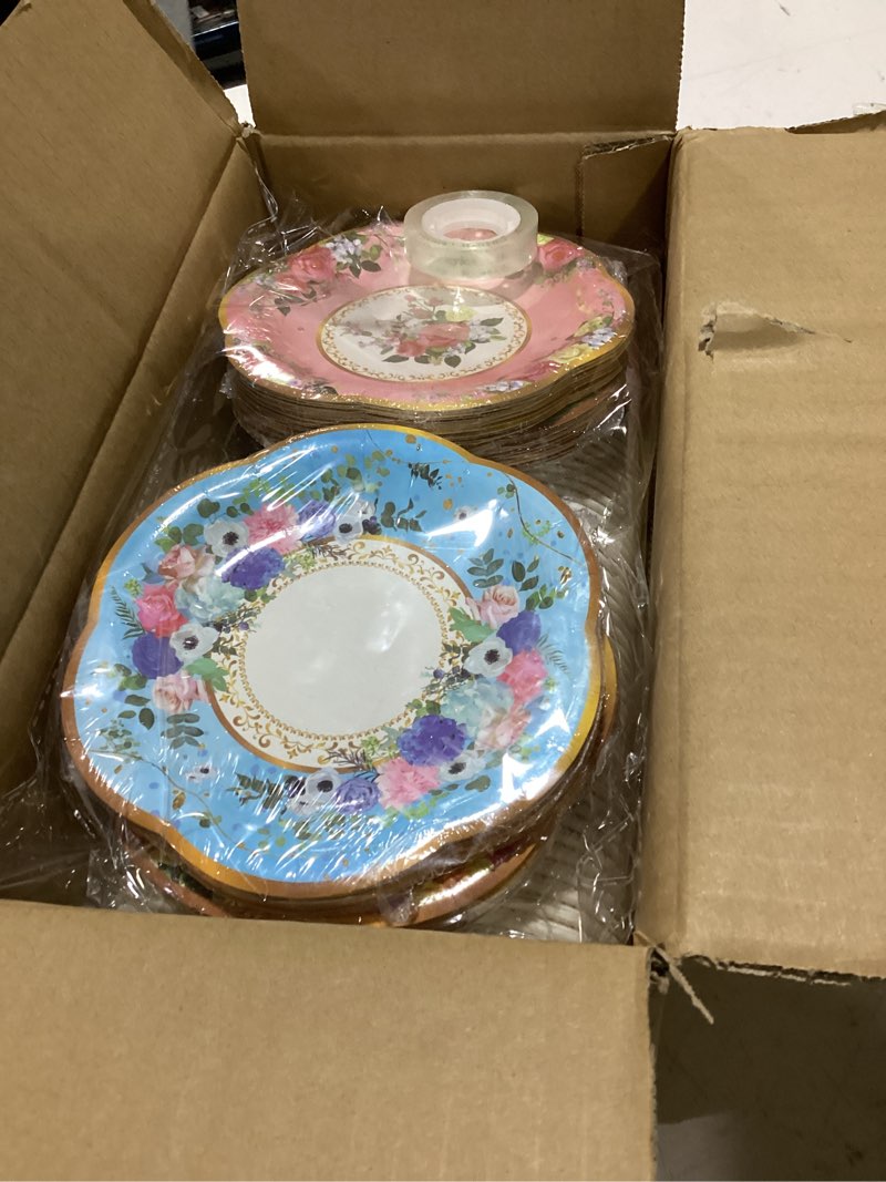Condition photo showing Good Condition for summoro 160 pcs floral paper tea cups and saucers 7 oz disposable paper tea cups with handle and plates for tea party decoration birthday baby shower bridal wedding mother's day