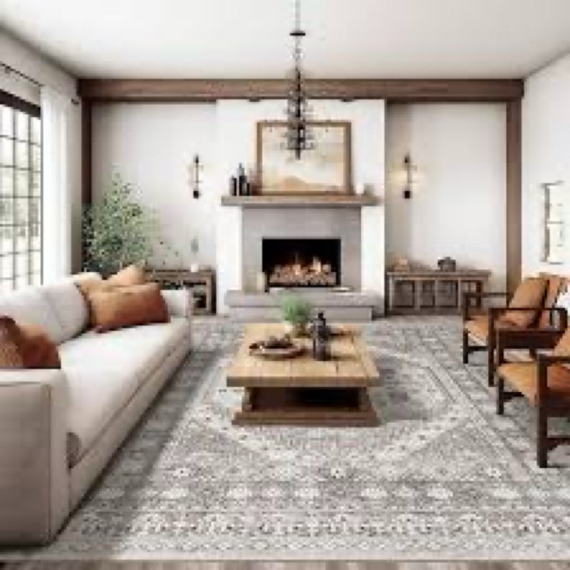 befbee 8x10 Area Rugs for Living Room, Stain Resistant Neutral Washable Rugs for Dining Rooms, Flora