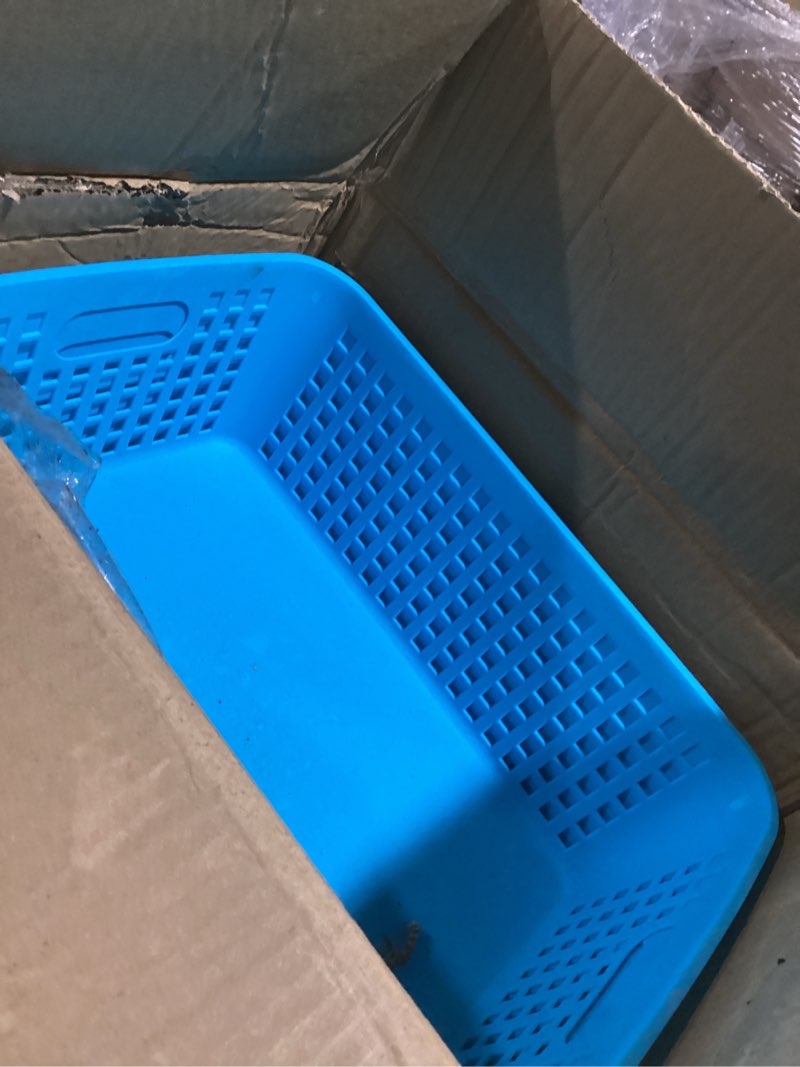Condition photo showing As Is for 12 pack plastic storage baskets for organizing - 13 x 10'' large plastic storage baskets bins with grip handles, stackable mesh for cabinets, desktops, shelves home & office use(teal)