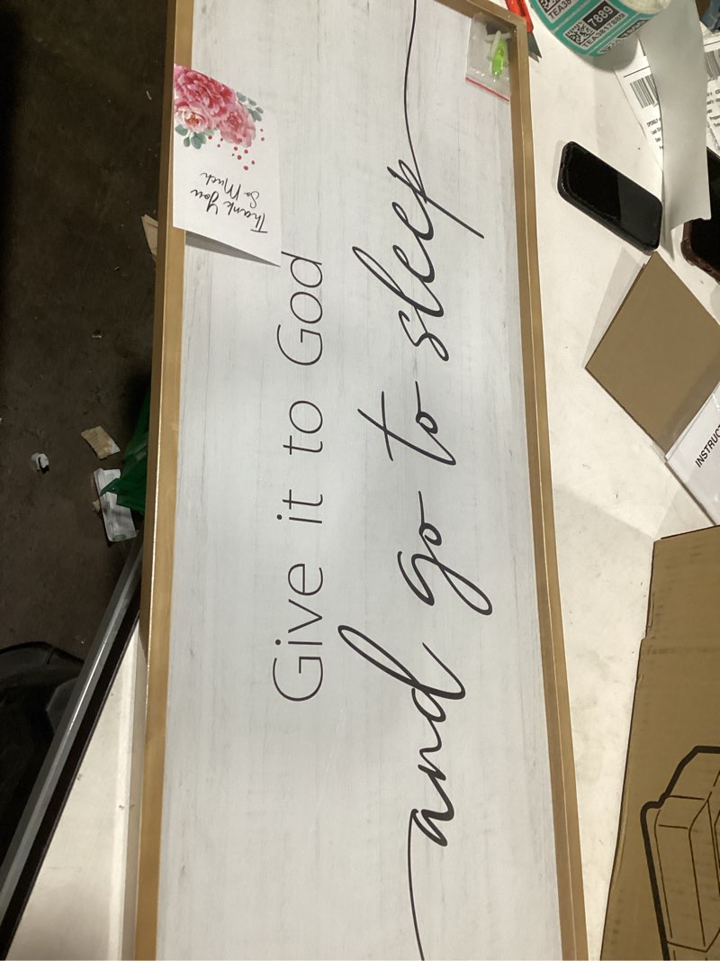 Condition photo showing Good Condition for Give It to God and Go to Sleep Sign Framed Large 41''×15'' Above Bed Wall Decor for Bedroom Farmhouse Wall Decor Guest Room Decor Rustic Master Bedroom Wall Decoration Wood Wall Art (brown frame)