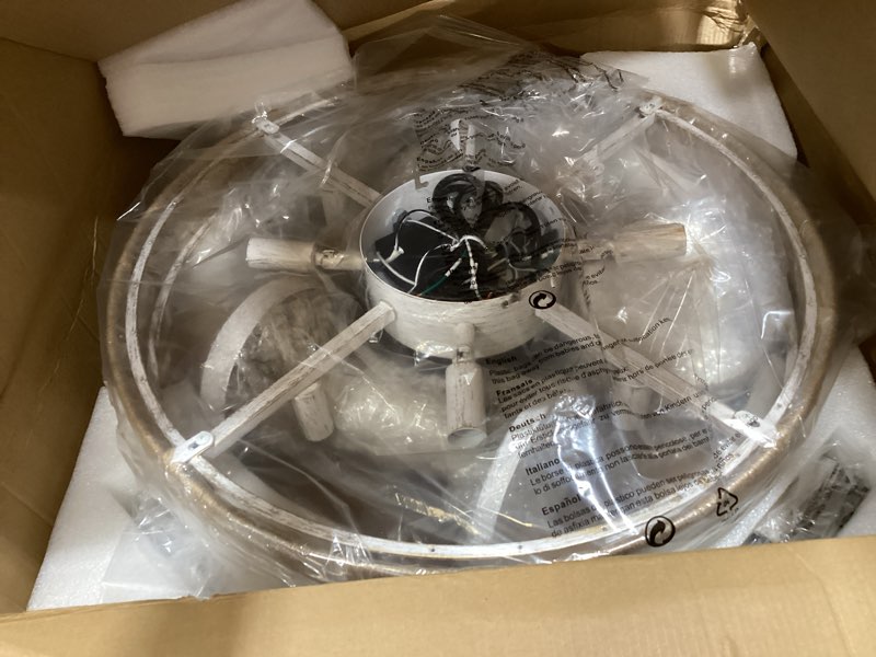 Condition photo showing Good Condition for vintage bohemian empire chandelier fan with 64 wood bead strands, 7-blade invisible fan, antique white gold finish ceiling fan for living room, bedroom(white gold, 20'' boho style) white-rubbed gold 20 inch, wooden bead