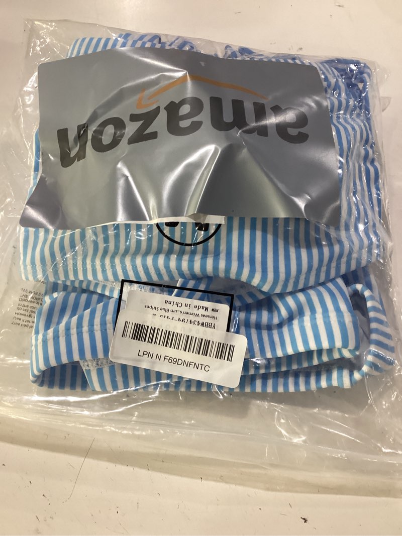 Condition photo showing Good Condition for herseas women's tie shoulder bikini sets 2 piece striped swimsuits high waisted bathing suits medium blue stripes