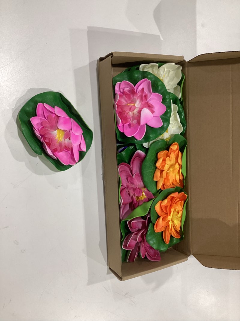 Condition photo showing As Is for 12pcs Floating Foam Lotus Flowers with Lily Pads, Artificial Pond Plants Ornaments for Pool Aquarium Water Decoration, Colorful Multi Color