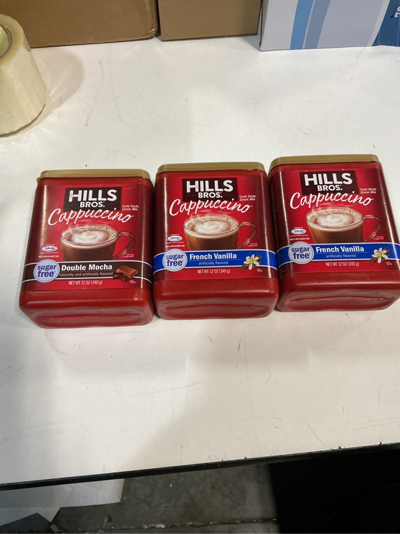 Condition photo showing New/Like New for Best By 05/15/2026 Hills Bros. Cappuccino 3-ct Variety 2-Sugar Free French Vanilla 1-Sugar Free Double Mocha 12oz. Containers