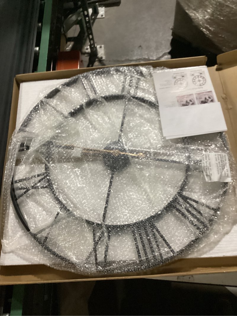 Condition photo showing New/Like New for 30 Inch Extra Large Giant Wall Clock,Oversized Round Silent Vintage Industrial Black Metal Farmhouse Big Roman Numeral Wall Clocks for Living Room,Kitchen,Bedroom Home Decor Black Roman 30 inch