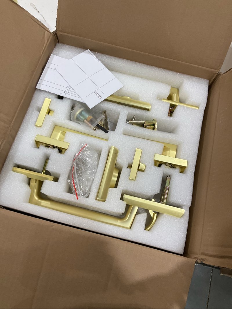 Condition photo showing Good Condition for Moquin Double Front Door Lock Set, Brushed Gold Square Front Door Hardware Set with Dummy, Heavy Duty Door Handle with Deadbolt, Stain Brass Double Entry Door Lock Set with Reversible Handle Satin Brass