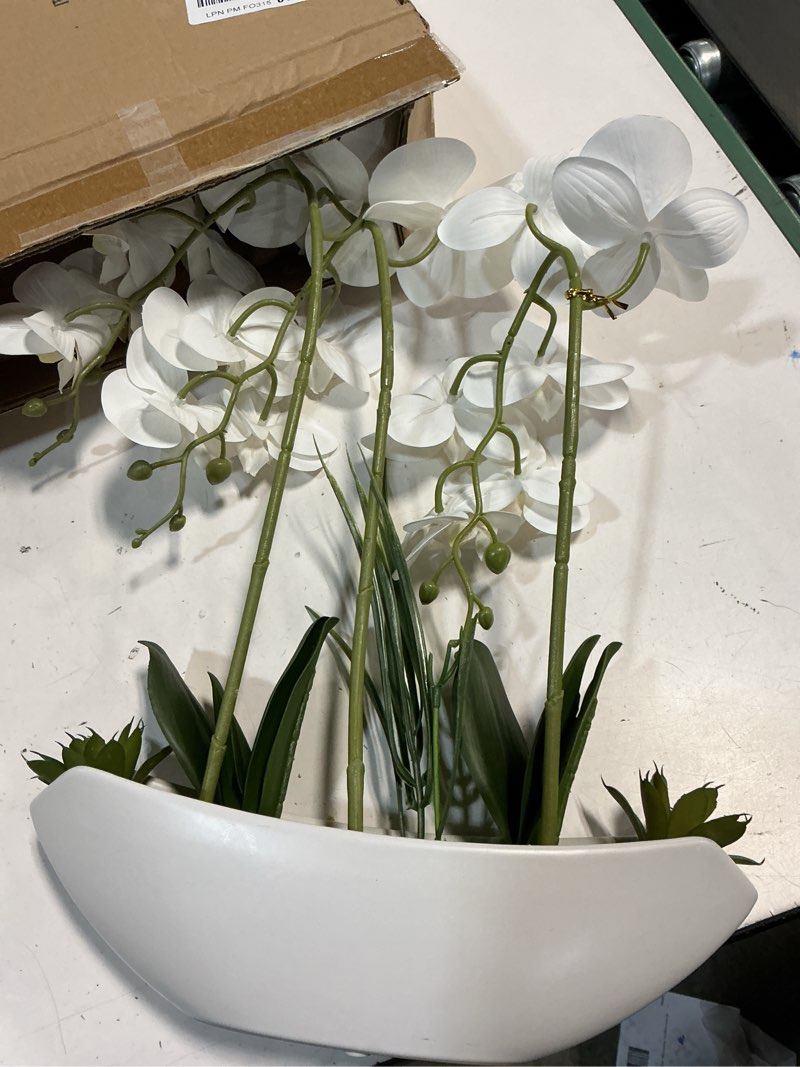 Condition photo showing Good Condition for briful orchid artificial flowers 18in white fake orchid silk flowers with ceramic pot faux orchid arrangement for home office room coffee table centerpiece modern decoration white#1