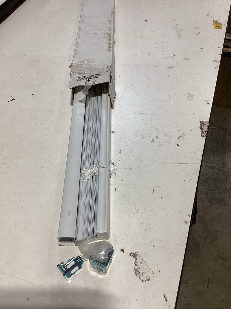 Condition photo showing As Is for project source room darkening 1-in slat width 39-in x 64-in cordless white vinyl room darkening mini-blinds