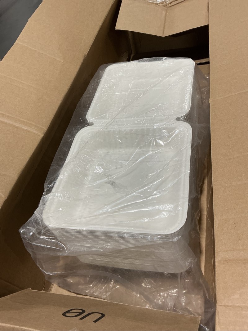 Condition photo showing As Is for (incomplete) 9x9 [100 set] eco-friendly compostable bagasse hinged takeout containers | heavy-duty clamshell for hot & cold food – sustainable, leak-resistant, microwave safe 9" x 9" 1-compartment 100