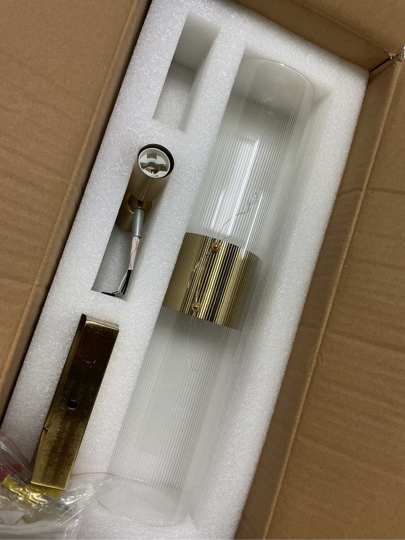 Condition photo showing As Is for Modern Fluted Textural Glass Double Sconce, Vertical Slender and Striped Clear Tube Glass Wall Sconce with Burnished Brass Finish, Elegant Light Fixture for Bedroom, Entrance, Living Room