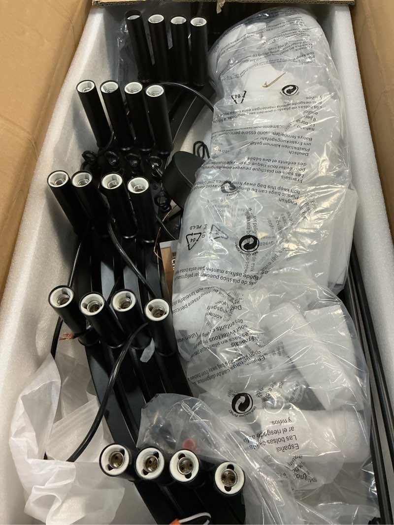Condition photo showing Good Condition for black farmhouse chandelier 24-light, 48-inch large wagon wheel chandelier for high ceilings, round iron industrial chandeliers light fixture for living room foyer entryway, e12 48'' black 24-light