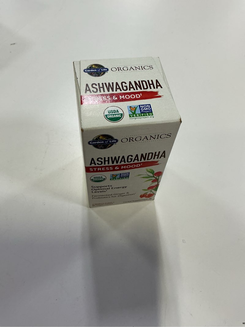 Condition photo showing New/Like New for (Best used by 03/2026 )  Garden of Life Organic Ashwagandha Supplement with Probiotics & Ginger - Stress, Mood & Energy Support, Vegan, Gluten Free, Non GMO, 2 Month Supply, 60 Tablets Unflavored 60 Count (Pack of 1)