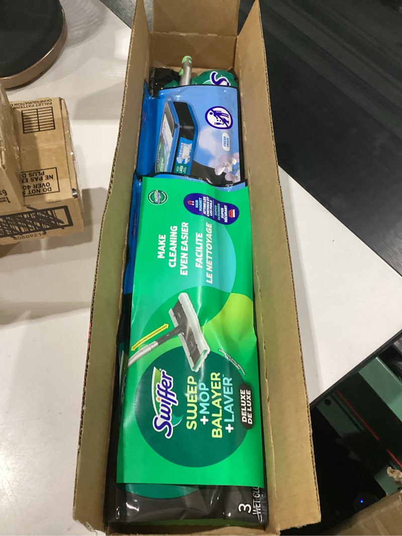 Condition photo showing Good Condition for swiffer sweep and mop deluxe  2-in-1 floor mopping and sweeping kit  includes 1 sweeper device  5 heavy duty dry sweeping cloths  6 heavy duty wet mopping cloths