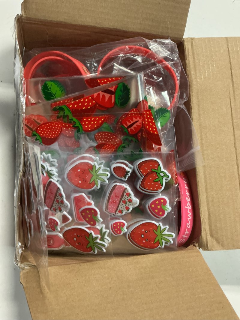 Condition photo showing Good Condition for landical 194/290/146/242 pcs strawberry party favors pendant keychain silicone ring bracelet stickers bubble sticker party tags organza bag stamper for baby shower birthday(242 pcs,lovely strawberry)