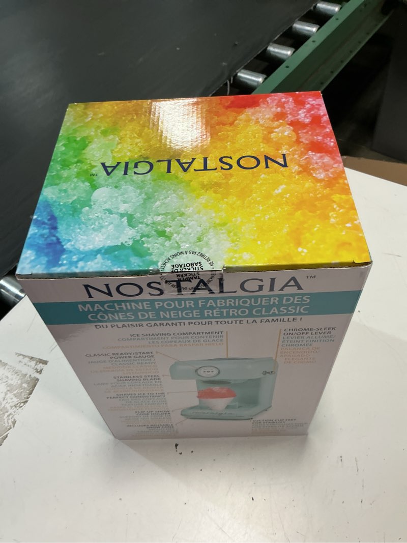 Condition photo showing New/Like New for nostalgia snow cone shaved ice machine - retro table-top slushie machine - includes 1 reusable plastic cup - aqua aqua retro
