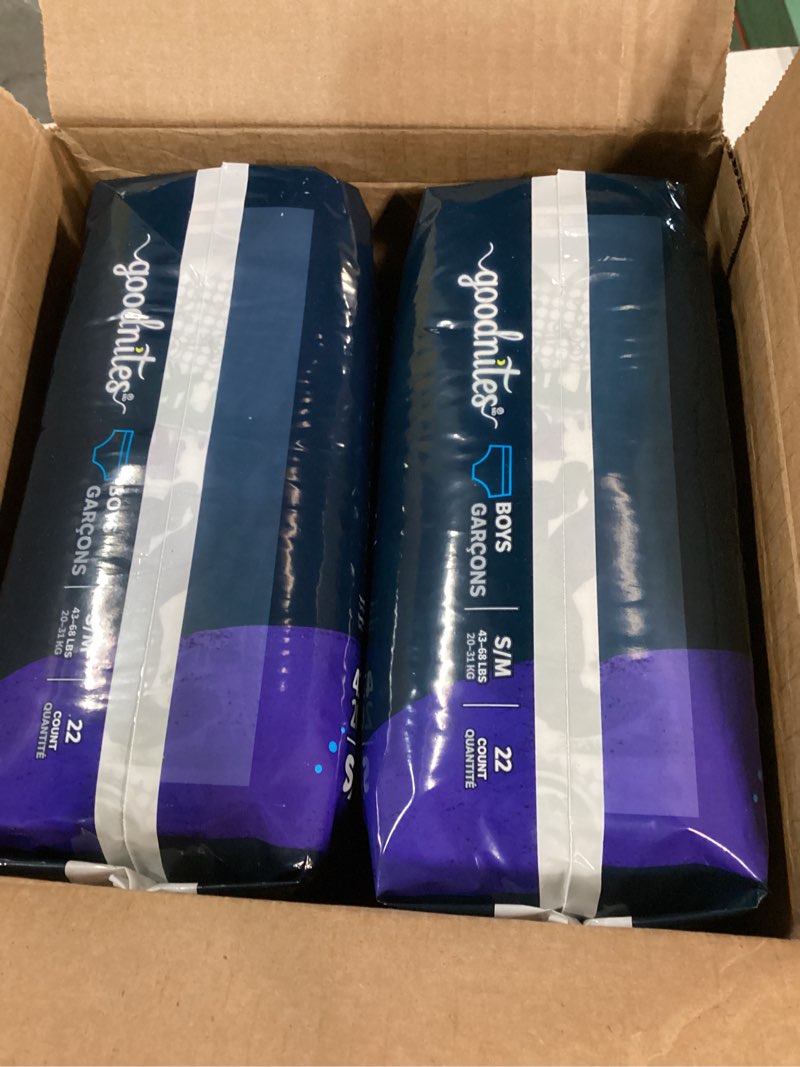 Condition photo showing New/Like New for Goodnites Boys' Nighttime Bedwetting Underwear, Size S/M (43-68 lbs), 44 Ct (2 Packs of 22), Packaging May Vary Small/Medium 44