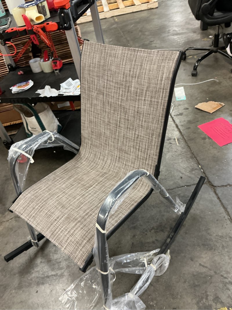 Condition photo showing New/Like New for style selections pelham bay stackable black steel frame rocking chair with tan sling seat