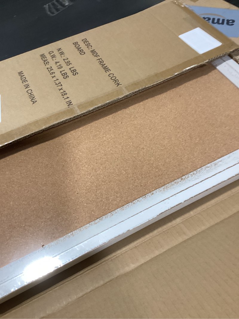 Condition photo showing New/Like New for DOLLAR BOSS White Cork Board for Wall - 24 X 18 Inches, Rustic Wooden Frame Bulletin Board, Decorative Hanging Pin Board for Office & Home Decor White 24''X 18‘’