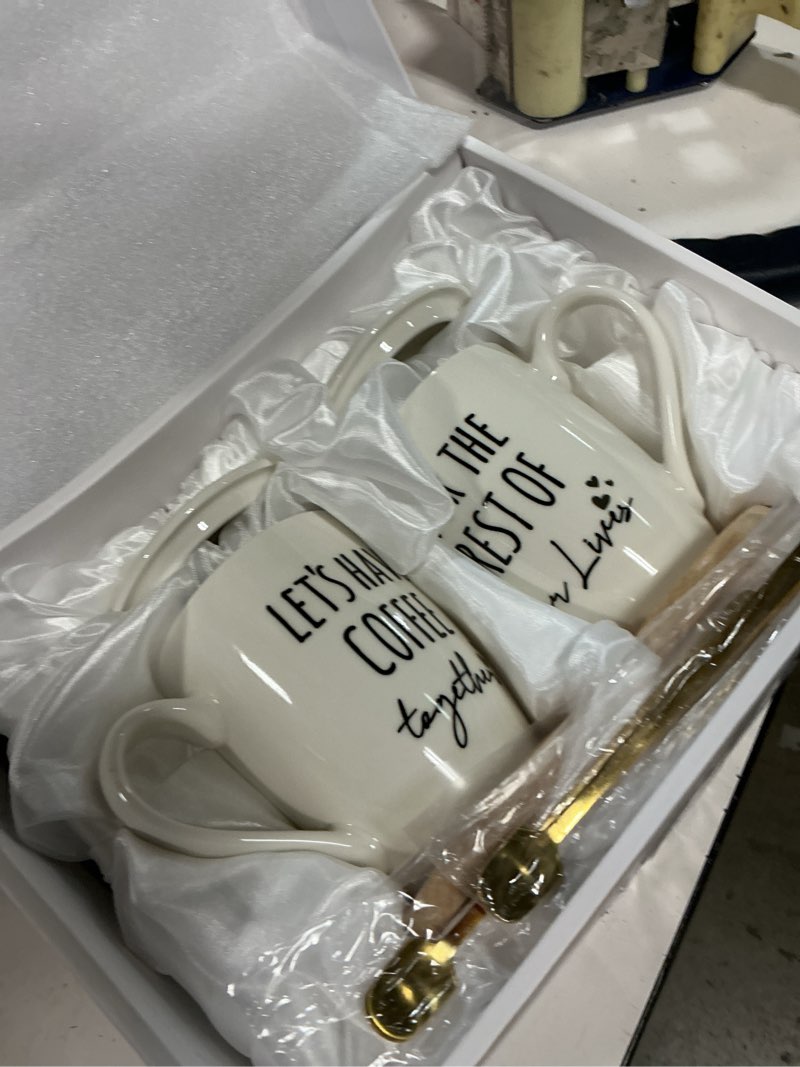 Condition photo showing New/Like New for aw bridal ceramic engagement gifts for couples newly engaged unique coffee mugs set of 2, 12 oz| bachelorette bridal shower gift for bride, anniversary wedding gifts for couple housewarming gift ideas lets have coffee
