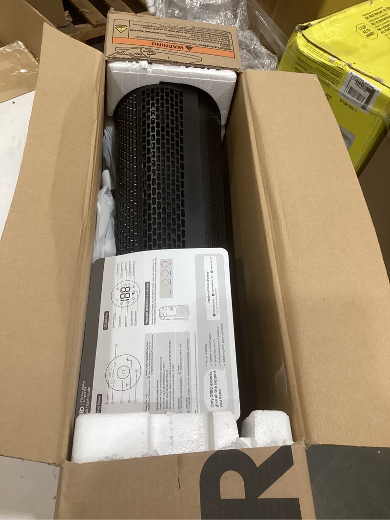 Condition photo showing As Is for dreo space heater large room, 30" electric heaters with remote, 120° oscillation, adjustable thermostat, 5 heat & 3 fan levels, 8 safety protections, 25db quiet, 1-12h timer, heater for office, black