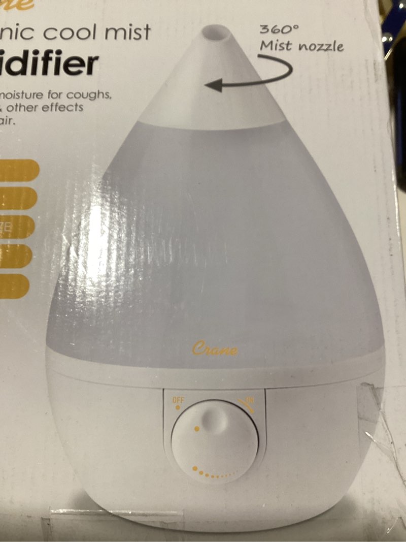 Condition photo showing New/Like New for Crane White Drop Ultrasonic Cool Mist Teardrop Humidifier, 1 Gallon Tank, Baby Humidifier for Nursery, Bedroom, Plants, Office, Adjustable Mist Levels White 1 Gallon