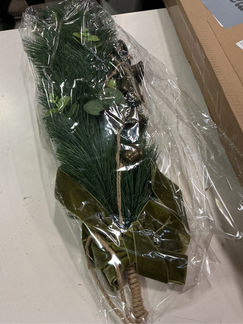 Condition photo showing New/Like New for Hungdao 1 Pcs 36'' Christmas Teardrop Swag with Light Bell Velvet Bow Artificial Pine Needles Swag Hanging Faux Greenery Teardrop Wreath for Xmas Front Door Indoor Outdoor Home Fireplace Decor(Green)
