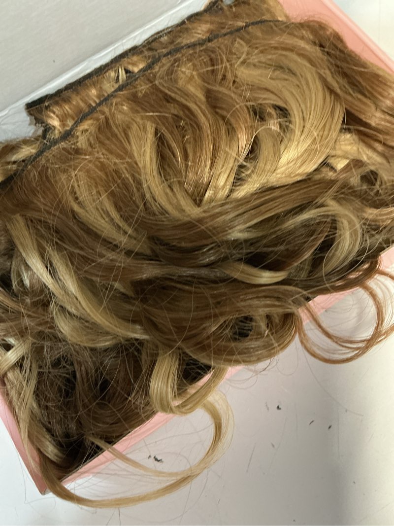 Condition photo showing Good Condition for reecho curly hair extensions, 4pcs 16 inch clip in hair extensions lace weft short curly hair extension clip ins invisible natural hairpieces for women, light brown with blonde highlights light brown with blonde highlights 16 inch