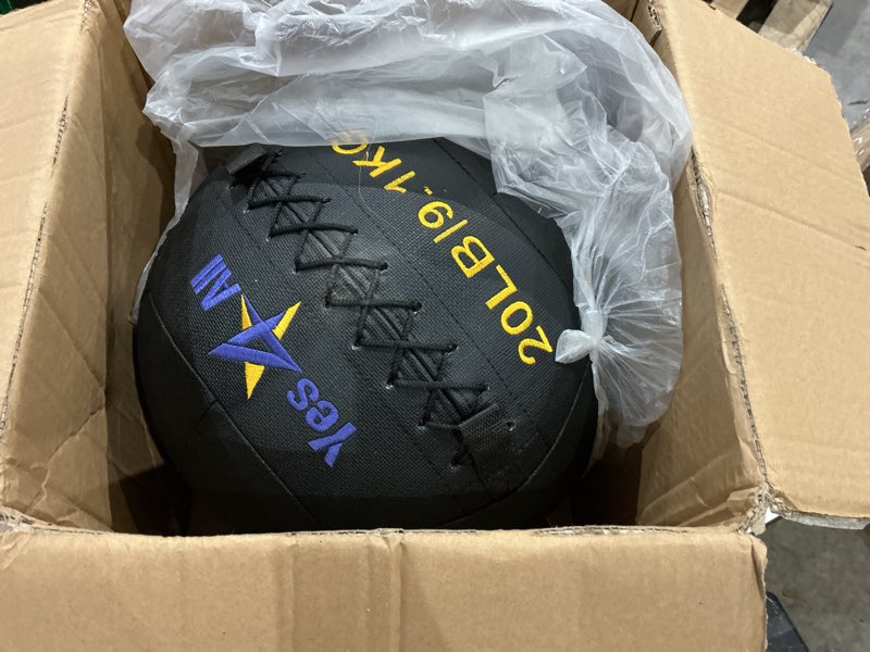 Condition photo showing As Is for yes4all wall ball, soft leather weighted iron sand ball for dynamic multifunctional exercise, 6 lb - 30 lb a. black f. 20lb