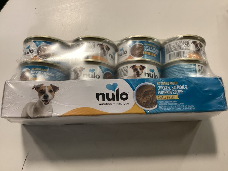 Condition photo showing New/Like New for (Best By 03/28/2027) Nulo Grain-Free Small Breed Wet Canned Puppy & Dog Food, Chicken, Salmon, and Pumpkin, 2.8 Ounce, 12 Cans Salmon & Pumpkin 2.8 Ounce (Pack of 12)