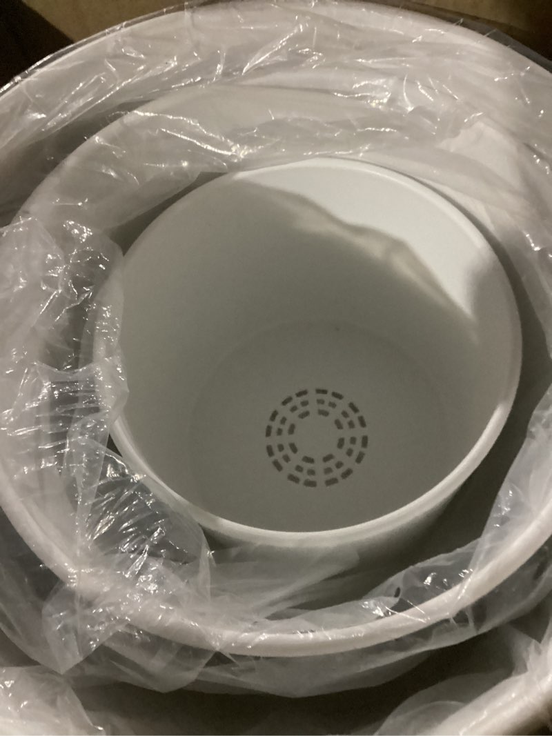 Condition photo showing New/Like New for 8/7/6 inch plant pots, set of 3 cylinder flower pots for outdoor indoor plants, decorative plastic planters with drainage holes and saucers for garden house plants, white white 8"+7"+6"