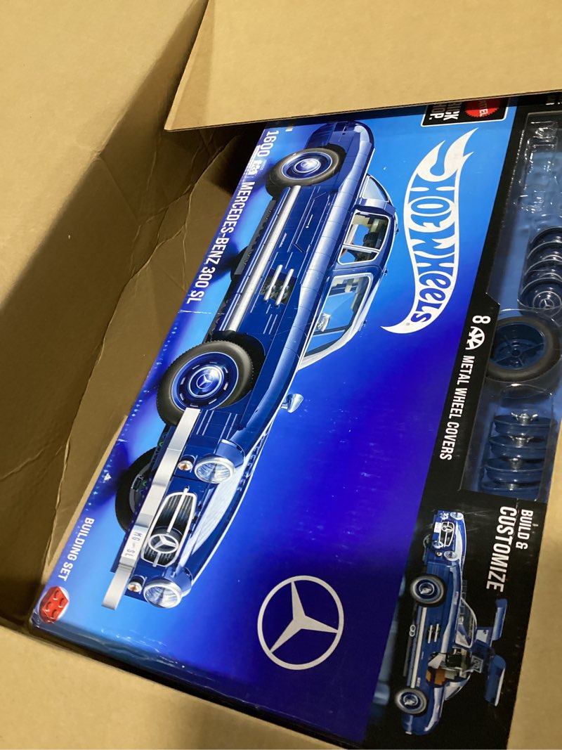Condition photo showing As Is for mattel brick shop hot wheels premium series building set, mercedes-benz 300 sl with 1600 pieces, realistic details and metal parts, adult collectors