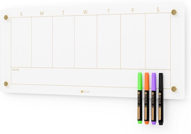 Glass Golden Weekly Dry Erase Calendar White Board for Wall, to Do List & 7 Days Planner Whiteboard 