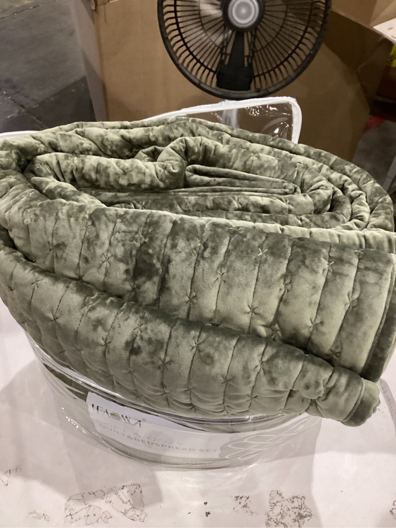 Condition photo showing Good Condition for grassix velvet quilt set queen size, 3 pieces cross stitch bedspread coverlet with 2 shams for all season, lightweight comforter bedding set, army green, 90"x96" cross - army green queen (90" x 96")